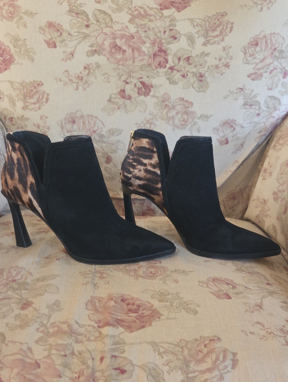 Vince Camuto Black Suede Pointed Ankle Booties with Leopard Heel